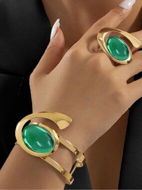 Anthropologie Gold-Tone Bracelet and Ring Set with Green Cabochons
